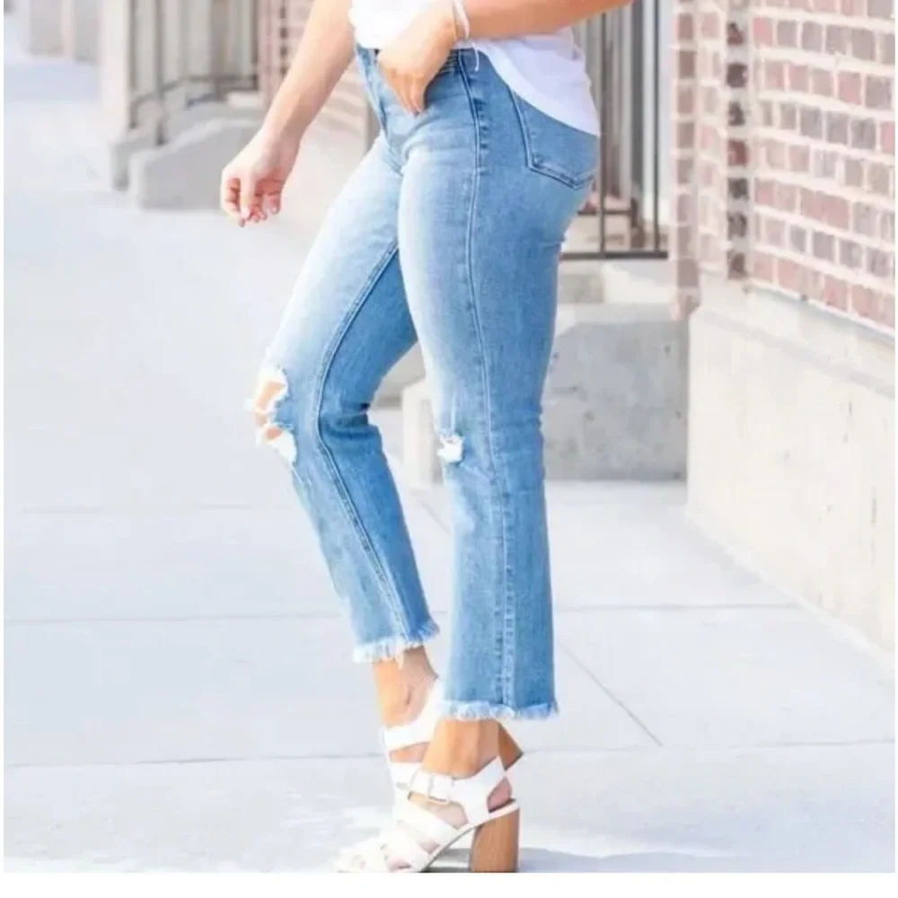 VERVET Straight Leg Ripped Cropped Blue Jeans - Picture 2 of 13